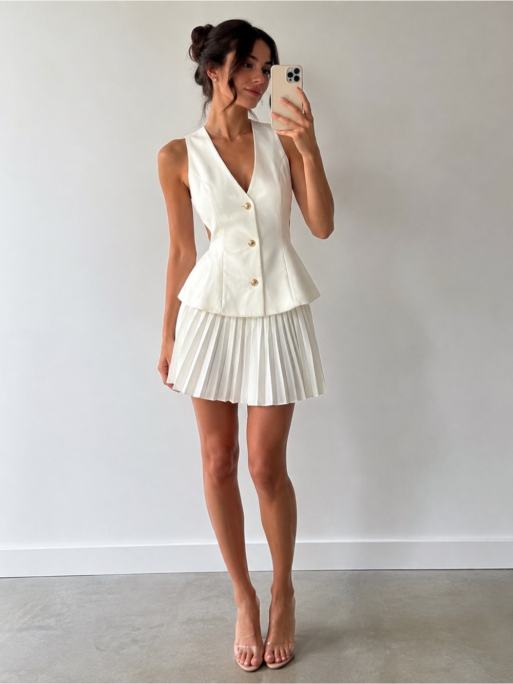 Zara White Pleated Mini Dress Vest Style Gold Buttons Size Small NWT